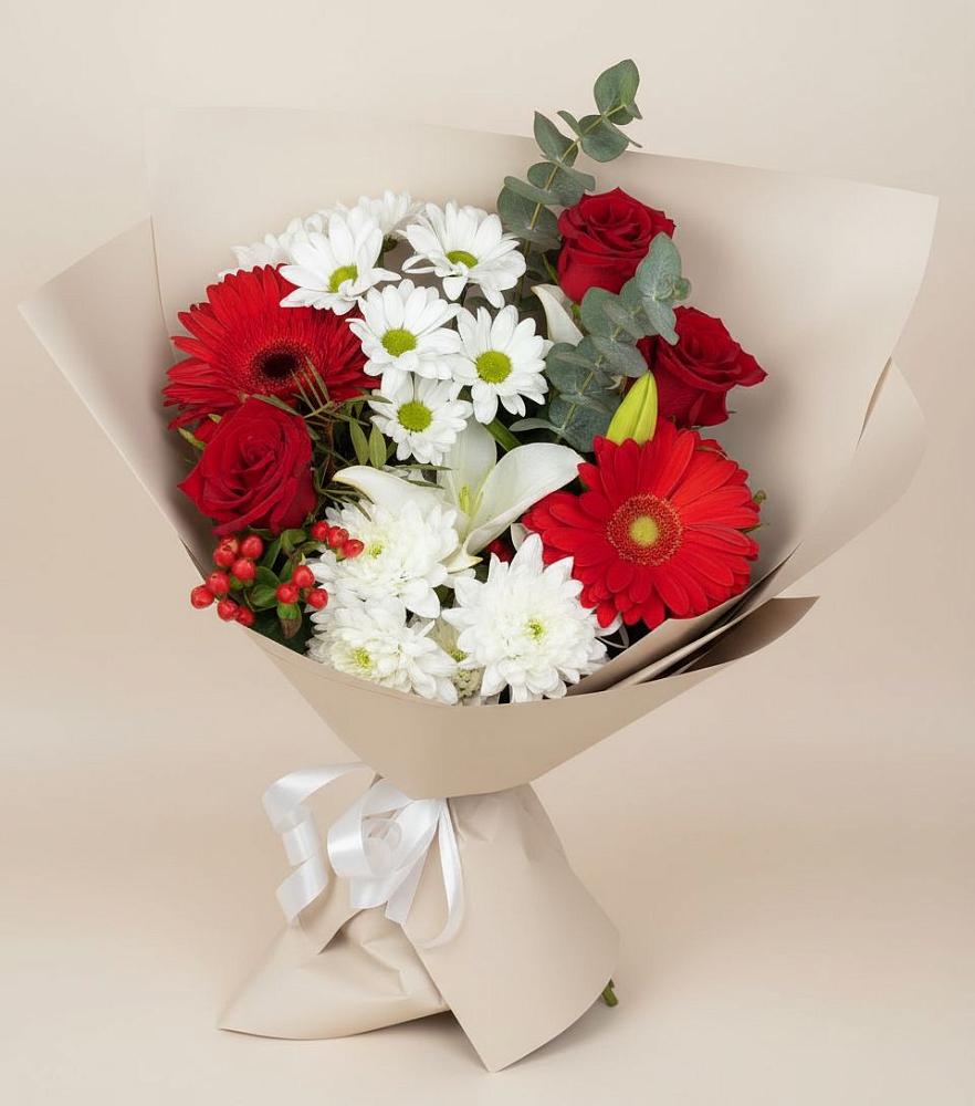 Букет цветов из: Розы, Хризантемы, Герберы и Лилии в Чалтыре